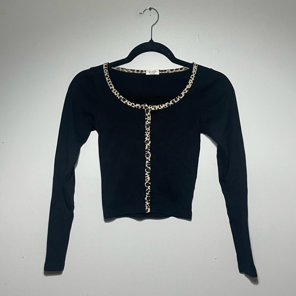 Leopard Trim Button-Front Long Sleeve Top